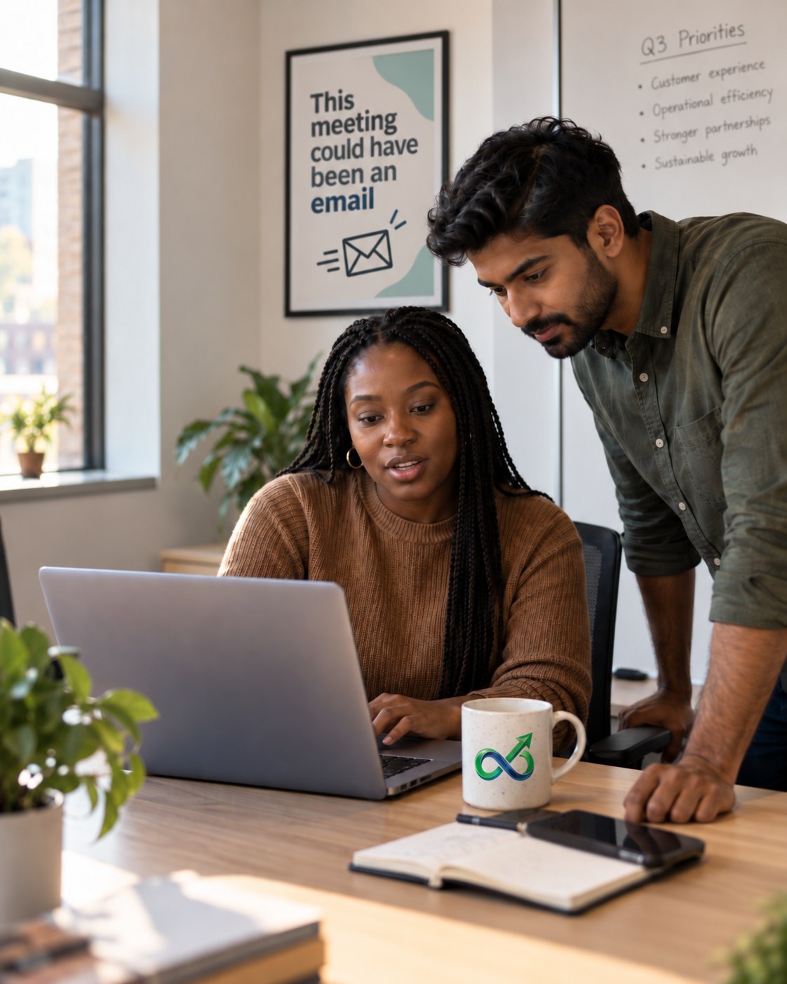 Two colleagues working through a document together on a laptop in an office