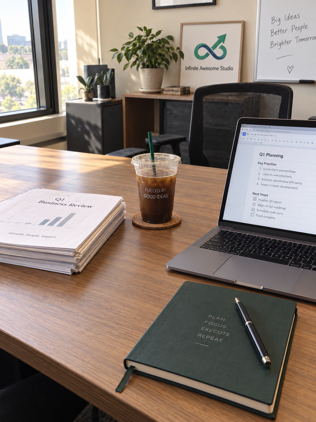 The same desk cleared, with one laptop, a notebook and a single stack of paper
