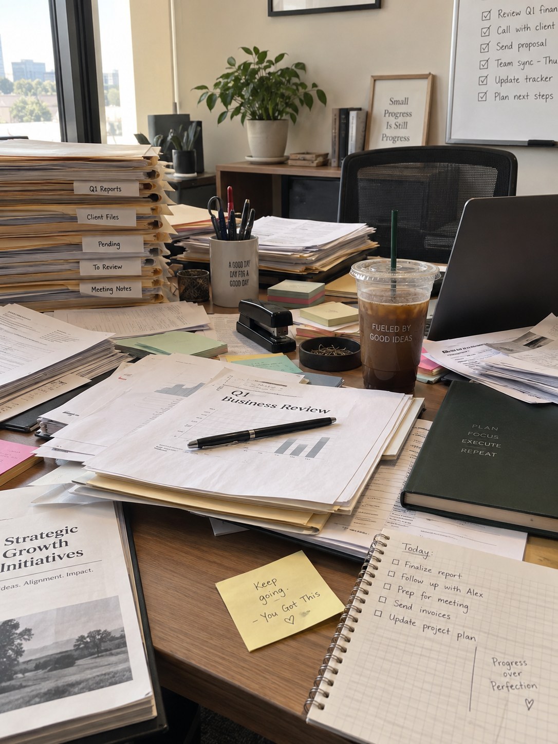 A desk buried under stacked files, printed reports and sticky notes